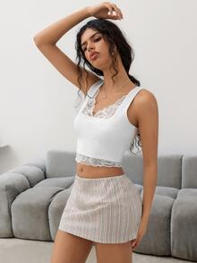 SHEIN ICON 女士夏季休闲通勤撞色蕾丝修身短款背心 - 白色 - 查看 5