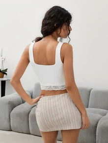 SHEIN ICON 女士夏季休闲通勤撞色蕾丝修身短款背心 - 白色 - 查看 2