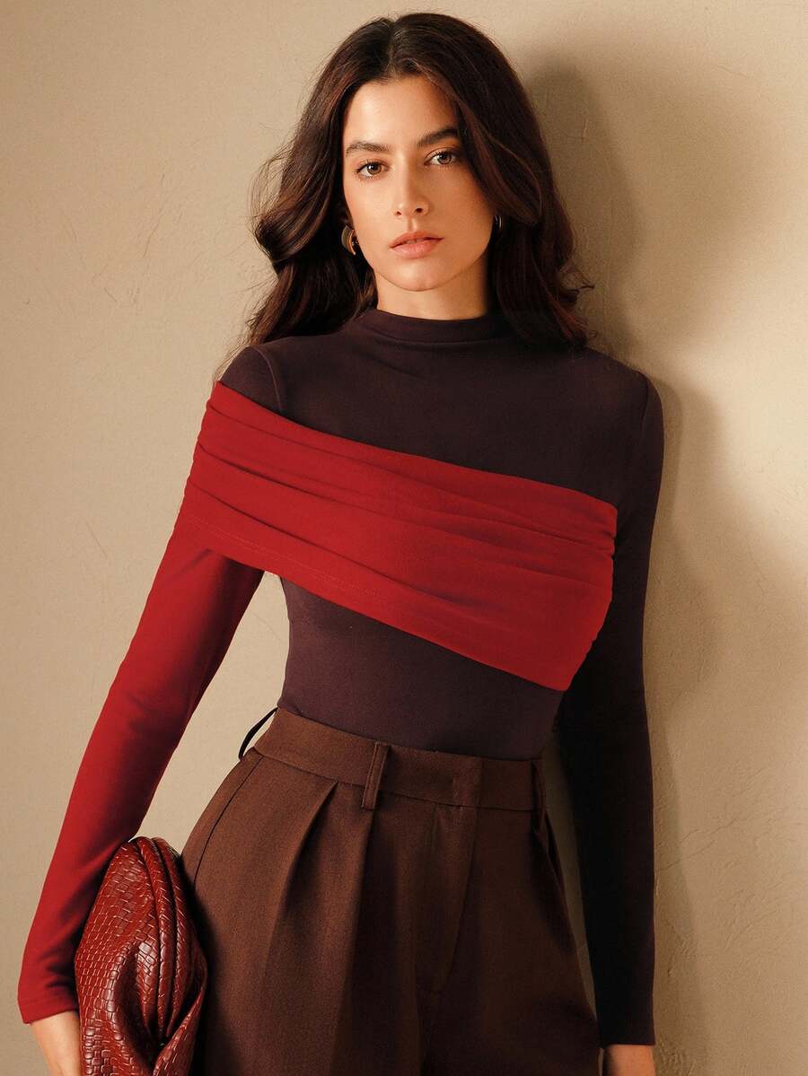 Anewsta Autumn/Winter High-Neck Color Block Design Elegant Chic Stylish Women Long Sleeve Top - Coffee Brown - View 1