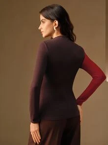 Anewsta Autumn/Winter High-Neck Color Block Design Elegant Chic Stylish Women Long Sleeve Top - Coffee Brown - View 6