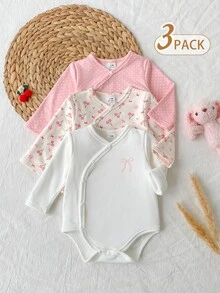 SHEIN 3件組新生女嬰和服連身衣，甜美粉色與白色波點櫻桃印花，蝴蝶結側開扣長袖V領，適合假期、秋季、萬聖節，芭蕾飾邊 - 彩色 - 查看 3