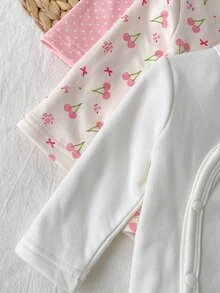 SHEIN 3件組新生女嬰和服連身衣，甜美粉色與白色波點櫻桃印花，蝴蝶結側開扣長袖V領，適合假期、秋季、萬聖節，芭蕾飾邊 - 彩色 - 查看 4