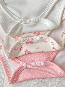 SHEIN 3件組新生女嬰和服連身衣，甜美粉色與白色波點櫻桃印花，蝴蝶結側開扣長袖V領，適合假期、秋季、萬聖節，芭蕾飾邊 - 彩色 - 查看 9