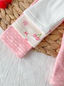 SHEIN 3件組新生女嬰和服連身衣，甜美粉色與白色波點櫻桃印花，蝴蝶結側開扣長袖V領，適合假期、秋季、萬聖節，芭蕾飾邊 - 彩色 - 查看 11