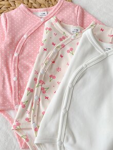 SHEIN 3件組新生女嬰和服連身衣，甜美粉色與白色波點櫻桃印花，蝴蝶結側開扣長袖V領，適合假期、秋季、萬聖節，芭蕾飾邊 - 彩色 - 查看 8