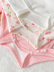 SHEIN 3件組新生女嬰和服連身衣，甜美粉色與白色波點櫻桃印花，蝴蝶結側開扣長袖V領，適合假期、秋季、萬聖節，芭蕾飾邊 - 彩色 - 查看 10
