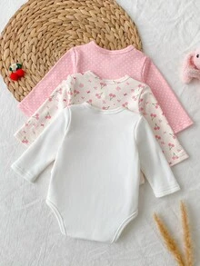 SHEIN 3件組新生女嬰和服連身衣，甜美粉色與白色波點櫻桃印花，蝴蝶結側開扣長袖V領，適合假期、秋季、萬聖節，芭蕾飾邊 - 彩色 - 查看 2