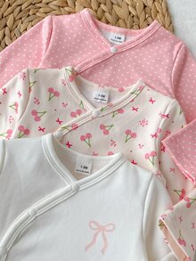 SHEIN 3件組新生女嬰和服連身衣，甜美粉色與白色波點櫻桃印花，蝴蝶結側開扣長袖V領，適合假期、秋季、萬聖節，芭蕾飾邊 - 彩色 - 查看 16