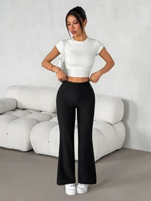 SHEIN PETITE Celana Panjang Kasual Hitam Wanita dengan Saku, - Hitam - View 5
