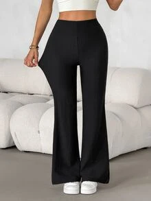 SHEIN PETITE Celana Panjang Kasual Hitam Wanita dengan Saku, - Hitam - View 4