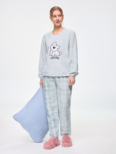Bonmuse Pure Slumber 2pcs Set Piyama Flanel Motif Kotak-kotak Wanita Lembut dengan Leher Bulat, Atasan Lengan Panjang dan Celana Panjang, Pakaian Musim Dingin dan Gugur, Nyaman