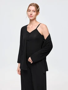 Bonmuse 三件套柔软针织睡袍套装，吊带背心和睡裤，舒适保暖，冬季服装 - 黑色 - 查看 8
