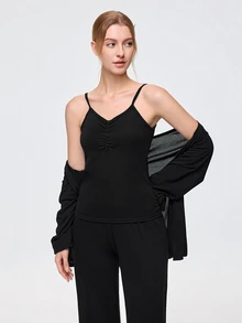 Bonmuse 三件套柔软针织睡袍套装，吊带背心和睡裤，舒适保暖，冬季服装 - 黑色 - 查看 4