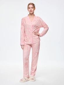 Bonmuse [PONX] Set Piyama Wanita 2 Potong: Atasan Leher V & Celana, Pakaian Rumahan Ramah Kulit, Musim Semi & Gugur, Set Dua Potong, Pakaian Musim Gugur Musim Dingin - Berwarna merah muda - View 3
