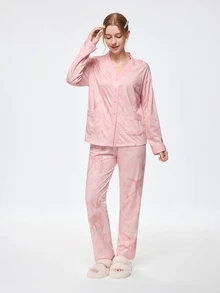 Bonmuse [PONX] Set Piyama Wanita 2 Potong: Atasan Leher V & Celana, Pakaian Rumahan Ramah Kulit, Musim Semi & Gugur, Set Dua Potong, Pakaian Musim Gugur Musim Dingin - Berwarna merah muda - View 5