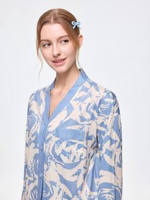 Bonmuse [PONX]2pcs Women Open Front V-Neck Pajamas Set, Long Sleeve Top & Long Pants Sleepwear, Skin-Friendly Home Wear For Spring & Autumn, Two Pieces Set, Fall Winter Clothes, Cool Light Blue - Blue - View 5