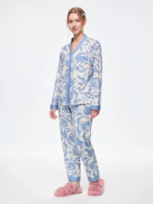 Bonmuse [PONX]2pcs Women Open Front V-Neck Pajamas Set, Long Sleeve Top & Long Pants Sleepwear, Skin-Friendly Home Wear For Spring & Autumn, Two Pieces Set, Fall Winter Clothes, Cool Light Blue - Blue - View 3