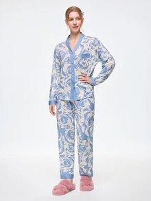 Bonmuse [PONX]2pcs Women Open Front V-Neck Pajamas Set, Long Sleeve Top & Long Pants Sleepwear, Skin-Friendly Home Wear For Spring & Autumn, Two Pieces Set, Fall Winter Clothes, Cool Light Blue - Blue - View 1