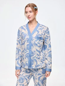 Bonmuse [PONX]2pcs Women Open Front V-Neck Pajamas Set, Long Sleeve Top & Long Pants Sleepwear, Skin-Friendly Home Wear For Spring & Autumn, Two Pieces Set, Fall Winter Clothes, Cool Light Blue - Blue - View 6