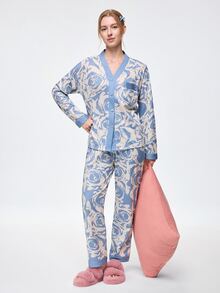 Bonmuse [PONX]2pcs Women Open Front V-Neck Pajamas Set, Long Sleeve Top & Long Pants Sleepwear, Skin-Friendly Home Wear For Spring & Autumn, Two Pieces Set, Fall Winter Clothes, Cool Light Blue - Blue - View 8