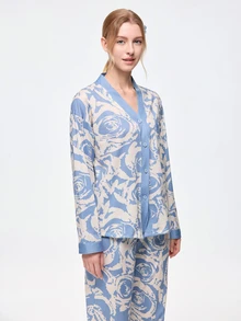 Bonmuse [PONX]2pcs Women Open Front V-Neck Pajamas Set, Long Sleeve Top & Long Pants Sleepwear, Skin-Friendly Home Wear For Spring & Autumn, Two Pieces Set, Fall Winter Clothes, Cool Light Blue - Blue - View 4