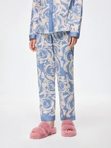 Bonmuse [PONX]2pcs Women Open Front V-Neck Pajamas Set, Long Sleeve Top & Long Pants Sleepwear, Skin-Friendly Home Wear For Spring & Autumn, Two Pieces Set, Fall Winter Clothes, Cool Light Blue - Blue - View 7