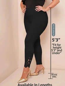 SHEIN PETITE CURVE 大尺碼女款純色休閒寬鬆優雅百搭日常穿著緊身內搭褲 正式晚宴黑色冬季居家服 - 黑色 - 查看 6
