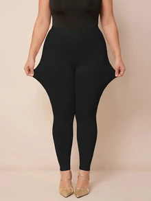 SHEIN PETITE CURVE 大尺碼女款純色休閒寬鬆優雅百搭日常穿著緊身內搭褲 正式晚宴黑色冬季居家服 - 黑色 - 查看 8