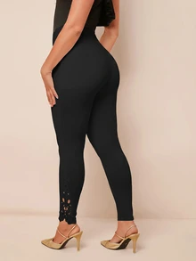 SHEIN PETITE CURVE 大尺碼女款純色休閒寬鬆優雅百搭日常穿著緊身內搭褲 正式晚宴黑色冬季居家服 - 黑色 - 查看 5