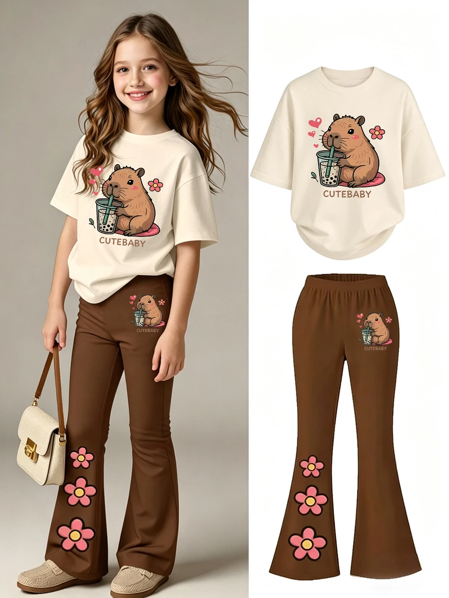 2pcs/Set Tween Girls Casual Fashion Summer Back-To-School Flare Pants Set,Beige Short Sleeve T-Shirt And Long Pants,Cute Capybara Heart Flower Print - White - View 1