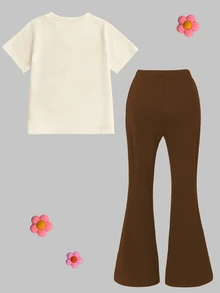 2pcs/Set Tween Girls Casual Fashion Summer Back-To-School Flare Pants Set,Beige Short Sleeve T-Shirt And Long Pants,Cute Capybara Heart Flower Print - White - View 3