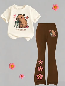 2pcs/Set Tween Girls Casual Fashion Summer Back-To-School Flare Pants Set,Beige Short Sleeve T-Shirt And Long Pants,Cute Capybara Heart Flower Print - White - View 2