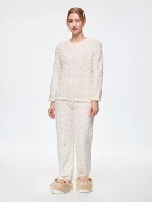 Bonmuse Autumn/Winter Jacquard Zip-Up Flannel Pajama Set, Thickened Velvet Fabric, Zipper Design, Women's Warm Sleepwear, Cozy - White - View 5