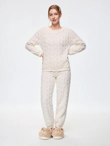 Bonmuse Autumn/Winter Jacquard Zip-Up Flannel Pajama Set, Thickened Velvet Fabric, Zipper Design, Women's Warm Sleepwear, Cozy - White - View 6