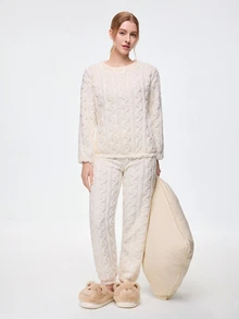 Bonmuse Autumn/Winter Jacquard Zip-Up Flannel Pajama Set, Thickened Velvet Fabric, Zipper Design, Women's Warm Sleepwear, Cozy - White - View 3