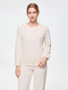 Bonmuse Autumn/Winter Jacquard Zip-Up Flannel Pajama Set, Thickened Velvet Fabric, Zipper Design, Women's Warm Sleepwear, Cozy - White - View 8