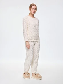 Bonmuse Autumn/Winter Jacquard Zip-Up Flannel Pajama Set, Thickened Velvet Fabric, Zipper Design, Women's Warm Sleepwear, Cozy - White - View 7