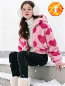 SHEIN Elladie kids 女童可愛甜美風連帽長袖拉鍊夾克，收口下擺短版上衣，愛心毛絨圖案，刷毛布料，桃紅色冬季牛仔女孩風 - 粉色 - 查看 3