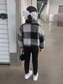 女童 2件組 格紋寬鬆套頭秋季運動衫 + 黑色內搭褲，休閒日常穿著，加厚款 - 黑色 - 查看 2