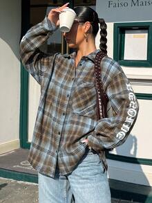 Muchica Plus Size Women's Plaid Long Sleeve Single-Breasted Casual Pocket Shirt Fall - Brown - View 6