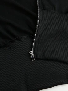 Sweetra Autumn/Winter New Casual Daily Jogging Beach Waist-Cinching Short Black Hooded Zip-Up Sweatshirt, Loose Drop Shoulder, Drawstring Decor, Slimming - Black - View 7