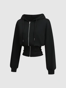 Sweetra Autumn/Winter New Casual Daily Jogging Beach Waist-Cinching Short Black Hooded Zip-Up Sweatshirt, Loose Drop Shoulder, Drawstring Decor, Slimming - Black - View 4
