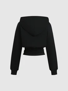 Sweetra Autumn/Winter New Casual Daily Jogging Beach Waist-Cinching Short Black Hooded Zip-Up Sweatshirt, Loose Drop Shoulder, Drawstring Decor, Slimming - Black - View 2