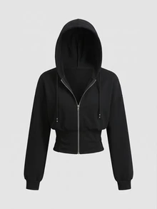 Sweetra Autumn/Winter New Casual Daily Jogging Beach Waist-Cinching Short Black Hooded Zip-Up Sweatshirt, Loose Drop Shoulder, Drawstring Decor, Slimming - Black - View 3