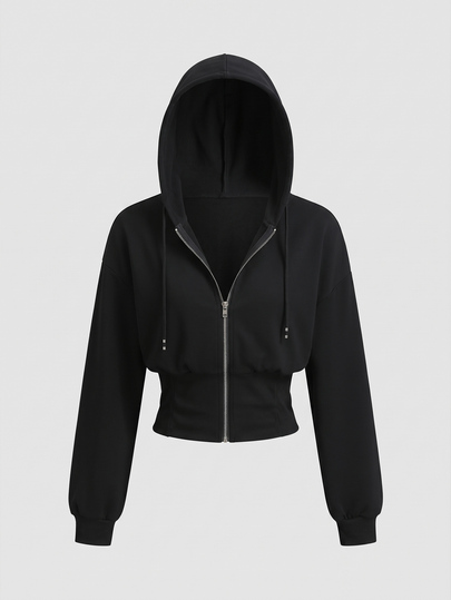 Sweetra Autumn/Winter New Casual Daily Jogging Beach Waist-Cinching Short Black Hooded Zip-Up Sweatshirt, Loose Drop Shoulder, Drawstring Decor, Slimming