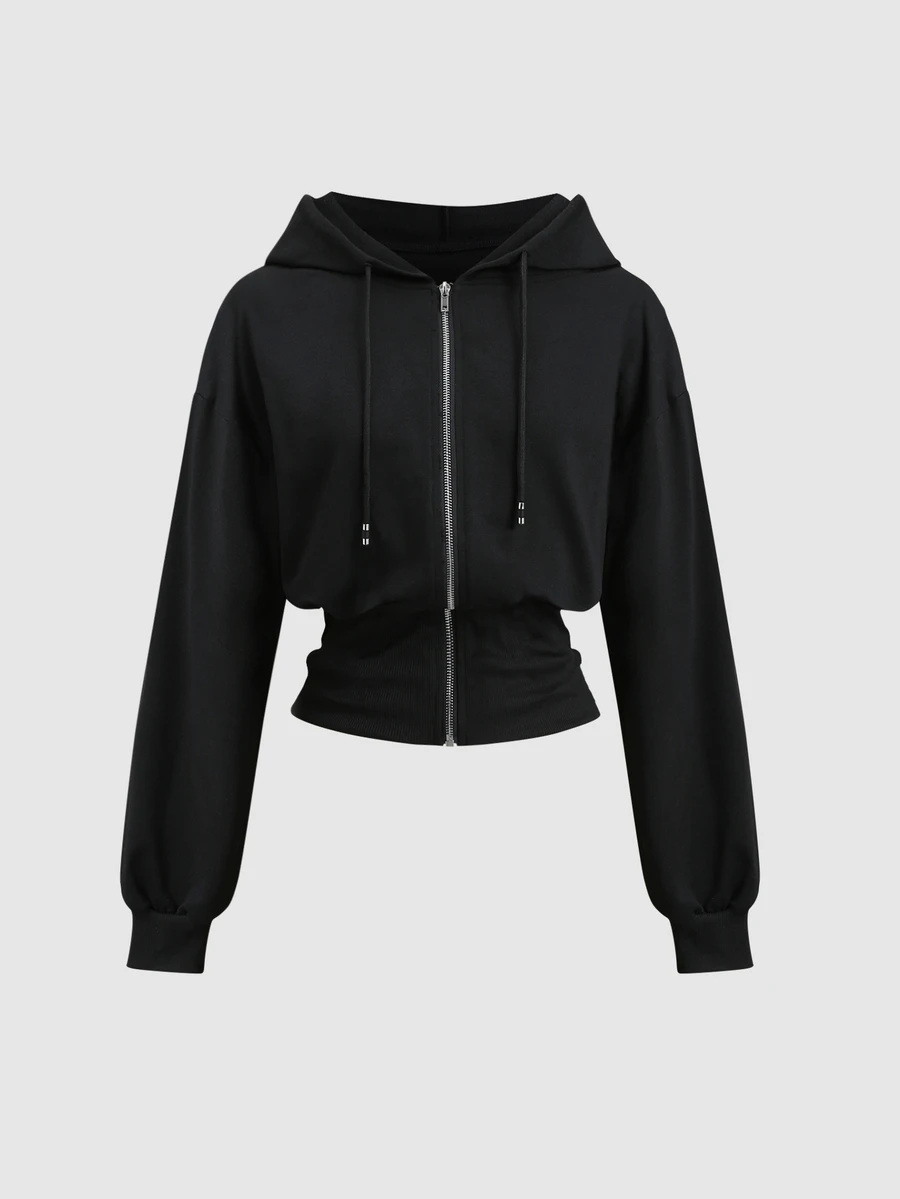 Sweetra Autumn/Winter New Casual Daily Jogging Beach Waist-Cinching Short Black Hooded Zip-Up Sweatshirt, Loose Drop Shoulder, Drawstring Decor, Slimming - Black - View 1