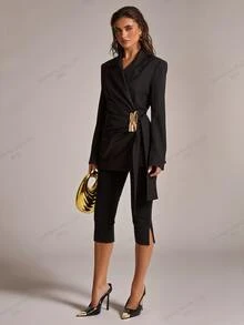 SHEIN BAE Blazer Elegan Wanita dengan Dekorasi Logam di Sisi Pinggang dan Kerah Berlipat, Lengan Panjang - Hitam - View 3