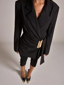 SHEIN BAE Blazer Elegan Wanita dengan Dekorasi Logam di Sisi Pinggang dan Kerah Berlipat, Lengan Panjang - Hitam - View 6