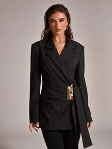 SHEIN BAE Blazer Elegan Wanita dengan Dekorasi Logam di Sisi Pinggang dan Kerah Berlipat, Lengan Panjang - Hitam - View 5