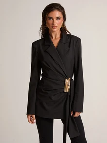 SHEIN BAE Blazer Elegan Wanita dengan Dekorasi Logam di Sisi Pinggang dan Kerah Berlipat, Lengan Panjang - Hitam - View 7